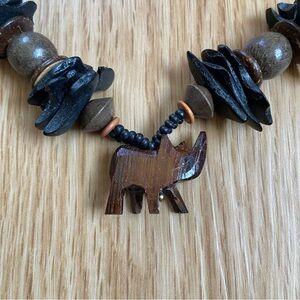 Chunky Carved Wooden Rhino Rhinoceros African Safari Statement Bead Necklace